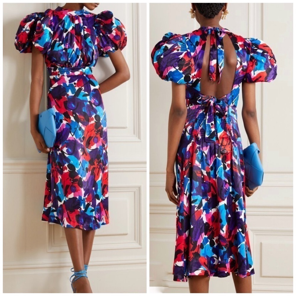 Rotate Birger Christensen Dawn Puff Sleeve Backless Midi Dress in Paint Size 2